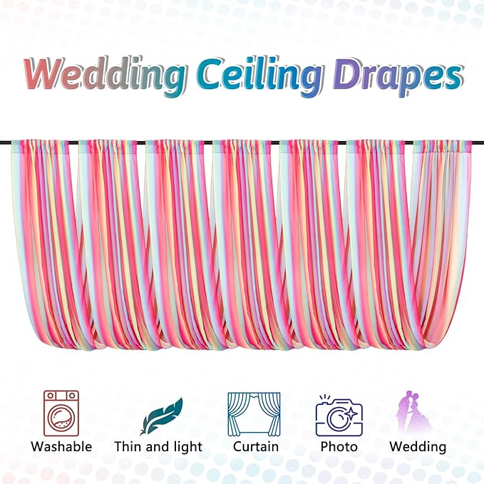 DUOBAO Rainbow Chiffon Wedding Ceiling 10FT Length Photo Background Curtain Decorations with Rod Pocket for Banquet Room Weddings Ceremony Graduation Prom, W 5' x L 10'-6 Panels Bright Rainbow