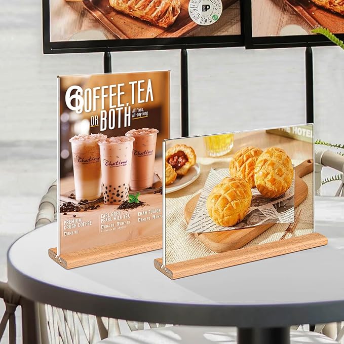 Kersally Acrylic Sign Holder 11 x 8.5'', 4 Pack Double-Sided Clear Table Display Stands with Wood Base,Horizontal Acrylic Frame Menu Flyer Paper Holder for Store, Restaurant, Hotel, Office, Show Fair