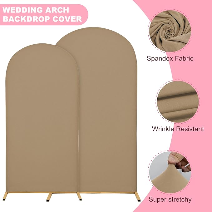 Wedding Arch Covers Arch Backdrop Cover Arch Stand Covers 7.2FT 6FT Set of 2 Arch Cover Spandex Fabric Stretchy Backdrop for Wedding Birthday Party Decoration Baby Shower (Khaki)
