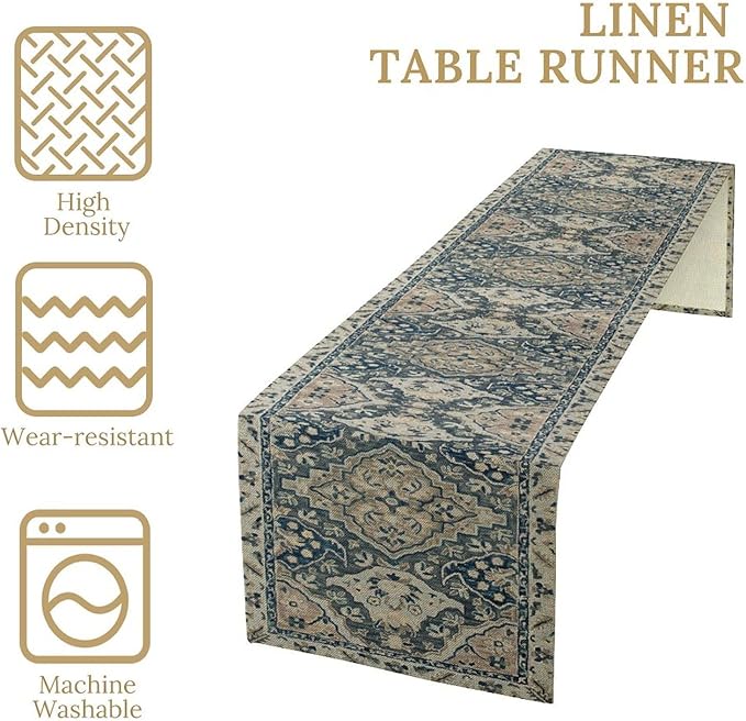 Vintage Boho Floral Table Runner, Rustic Country Farmhouse Blue Grey Retro Flower Pattern for Home Kitchen Table Decor Dining Coffee Room Party Decor 13x90in