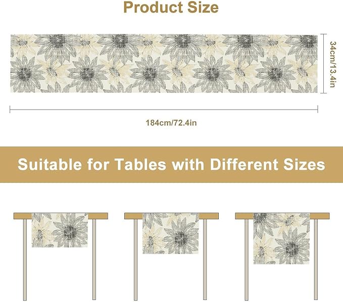 Chrysanthemum Vintage Floral Table Runner, Elegant Grunge Green Sunflower Spring Summer Elegant Pattern Artichokes Flower Table Runner for Party Kitchen Dining Living Room Decor, 13x36 Inch