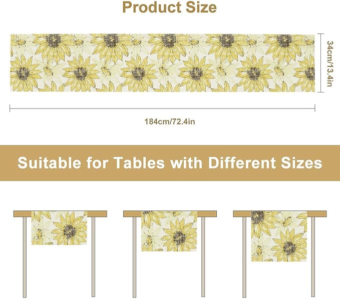 Chrysanthemum Vintage Floral Table Runner, Elegant Grunge Gray Sunflower Spring Summer Elegant Pattern Artichokes Flower Table Runner for Party Kitchen Dining Living Room Decor, 13x36 Inch