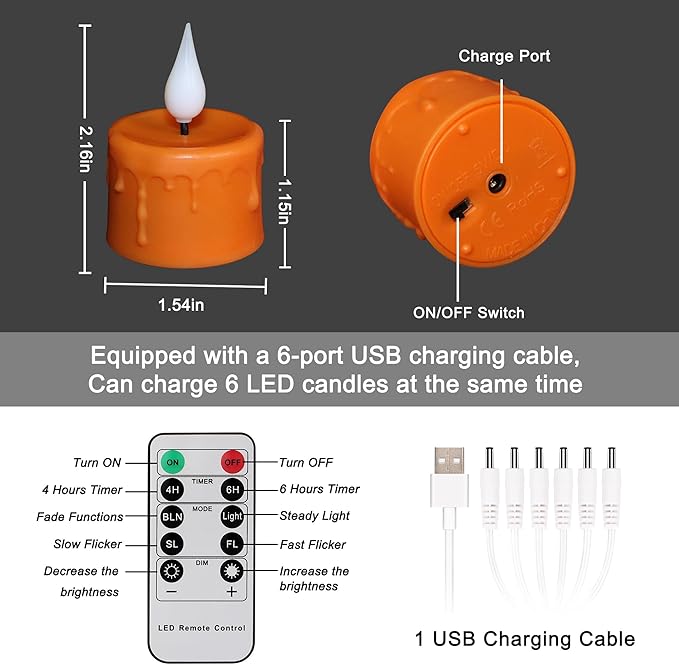 Flameless Candles Orange Rechargeable LED Tea Lights with Remote Timer