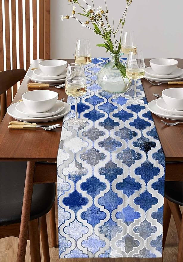 Blue Morocco Plaid Cotton Linen Table Runner for Dining Kitchen, Wedding Outdoor Party Tablerunners Decoration, Distressed Abstract Painted Vintage Dresser Scarf Coffee Tablecloth Runners 13''x120''