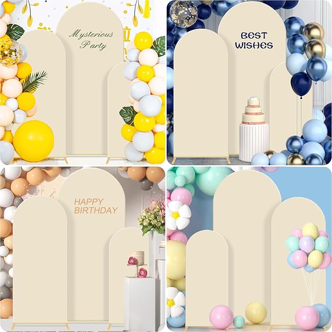 Metal Wedding Arch Backdrop Stand Set of 3 in Beige with Gold Finish