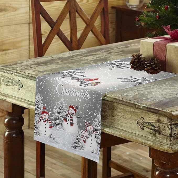 Christmas Snowman Cotton Linen Table Runner for Dining Kitchen, Snowflakes Xmas Pine Tree Wedding Outdoor Party Tablerunner Decoration Winter Bird Dresser Scarf Coffee Tablecloth Runners 13x48 Inches