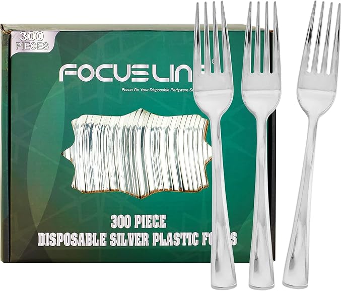 Forks: 300 Count Disposable Silver Plastic, 7.4 Inch Metallic Finish