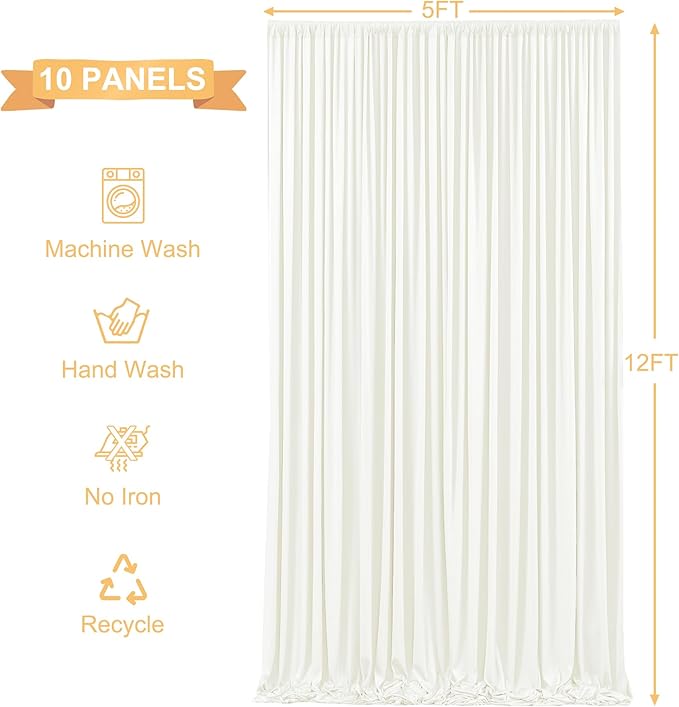 Backdrop Curtain Set, 10 Panels, Ivory Wrinkle-Free Fabric, 5x12 Ft