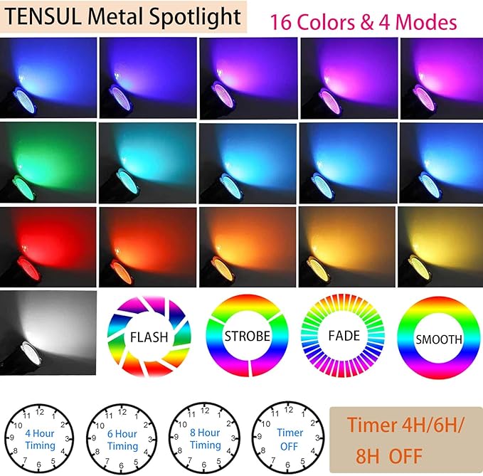 Spotlights for Outdoor Use: 10W RGB LED, 16 Colors, Timer, Black Aluminum