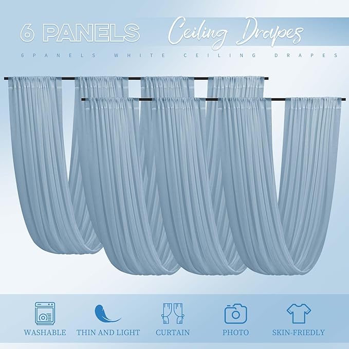 6 Panels Dusty Blue Ceiling Drapes for Wedding 5ftx40ft Ceiling Drapes Wedding Arch Draping Fabric Cheesecloth Sheer Curtain Romantic Ceiling Decorations for Weddings Party Banquet Ceremony Stage