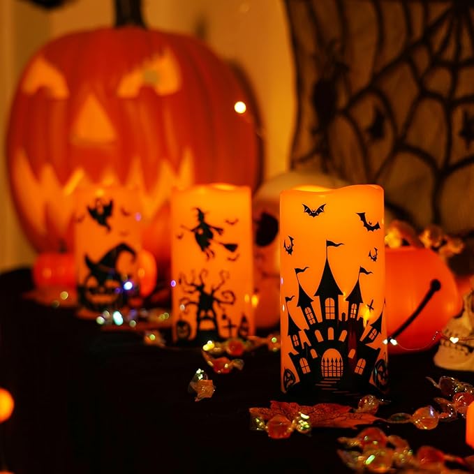 Homemory Halloween Candles, Orange Flameless Candles, Battery Operated Decals Plastic LED Pillar Candles with Remote Timers for Outdoor Day of The Dead, Halloween Spooky Decor, Waterproof, Set of 3