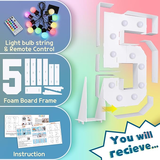 Marquee Number 5 Light Sign, 4 ft Party Decoration with Remote, 16 Colors