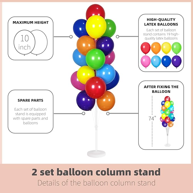 Balloon Column Stand Kit, Set of 2, 74-Inch Reusable Balloon Tower with 38 Balloons
