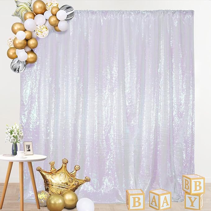 SquarePie Sequin Backdrop Curtain Not See Through Thick Glitter Background for Party 8FT x 8FT Iridescent