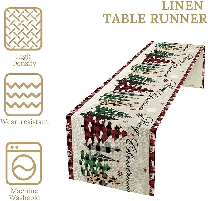 Christmas Tree Table Runner,Farmhouse Xmas Trees Buffalo Plaid Winter Snowflake Tablecloth Burlap for Hotel Indoors Outdoor Dining Room Kitchen Home Decor,W13X L80 in