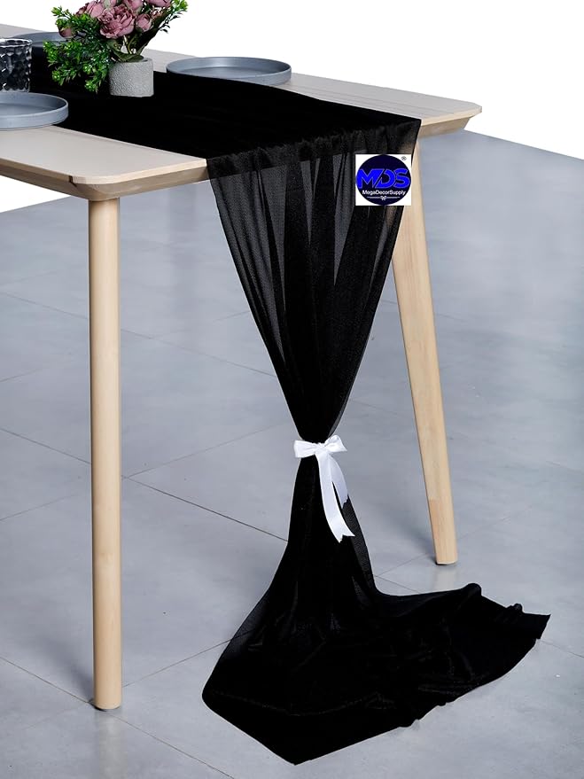 MDS 20 Pack 10ft Chiffon Table Runner 29 x 120 Inches Sheer Wedding Runner Romantic Rustic Table Runner for Wedding Decorations, Birthday Parties, Bridal Shower Party Arch Decor - Black