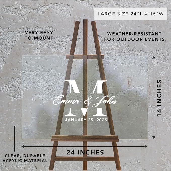 Andaz Press Custom Large Wedding Acrylic Sign, 16 X 24 Inches, Minimalist Modern Monogram, Personalized Sign, Welcome Sign For Modern Wedding Theme Wedding Signs For Ceremony And Reception