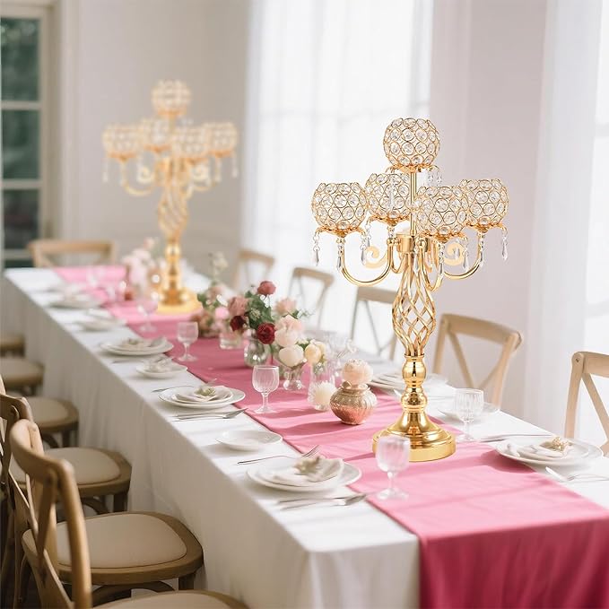 Candlestick Holders Gold Crystal Candelabra, 5-Arm 23.6-Inch Centerpiece