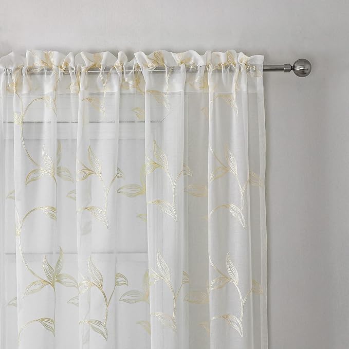 VISIONTEX Sheer Curtains 108 inch Length 2 Panels Set, White Voile Crushed Cream Vine Leaves Embroidery, Rod Pocket Embroidered Window Drapes for Living Room and Bedroom, 54" x 108"