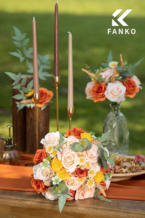 FANKO Rose Artificial Flowers Combo for DIY, Fake Orange Rose Artificial Silk Flowers with Greenery, Real Looking Artificial Faux Flowers for Wedding, Table Decoration, Centerpieces, Party, Home Décor