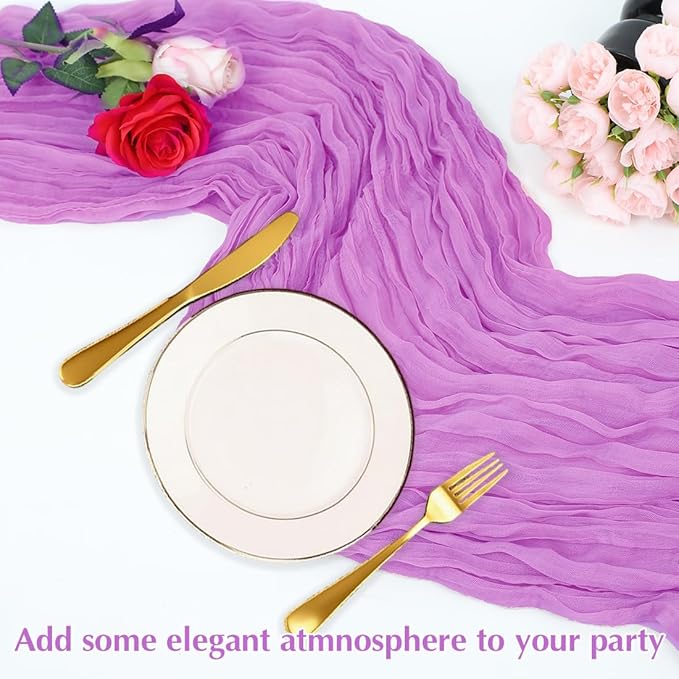 Light Purple Cheesecloth Table Runner -21*120Inch Long Boho Wedding Table Decor, Rustic Gauze Fabric Runner for Bridal Showers, Baby Showers & Parties (Sheer, Lightweight, Wrinkled Design)