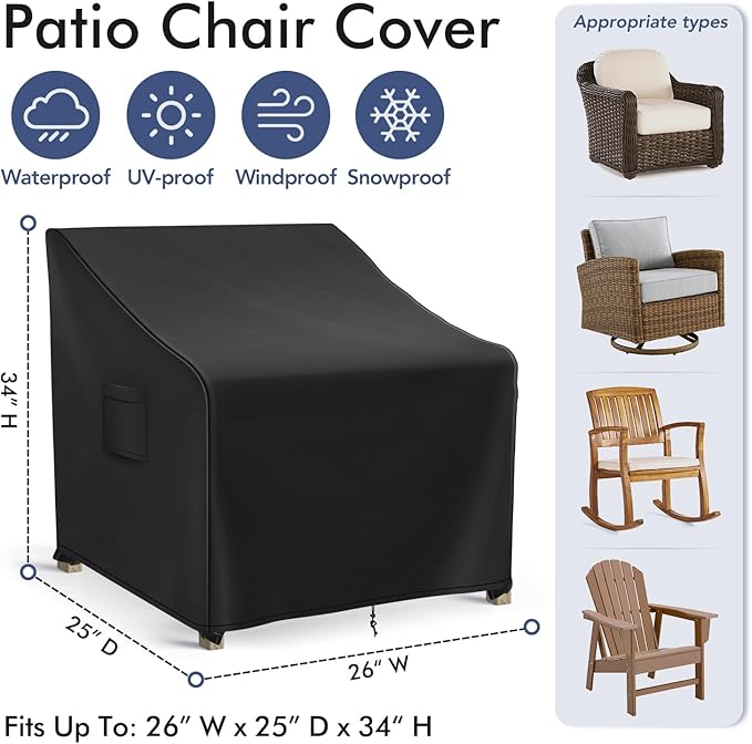 Patio Furniture Covers Waterproof for Chairs, Lawn Outdoor Chair Covers 2 Pack, Patio Chair Covers for Outdoor Furniture Fits up to 26W x 25D x 34H inches, Black