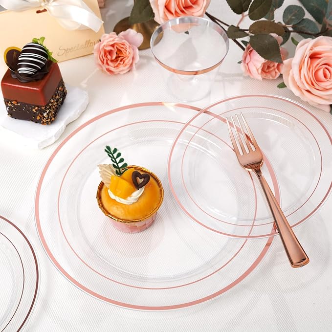 Plates Set, Clear Rose Gold Plastic, 600 Pieces for 100 Guests