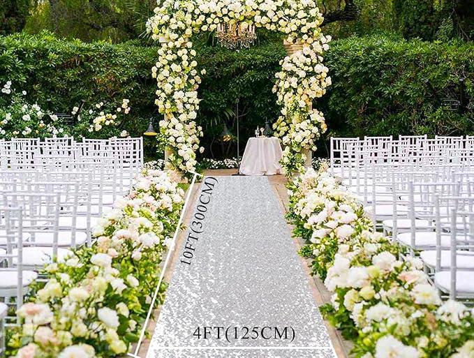Silver Sequin Aisle Runner, 4 x 10 ft, 1 Piece for Weddings and Parties
