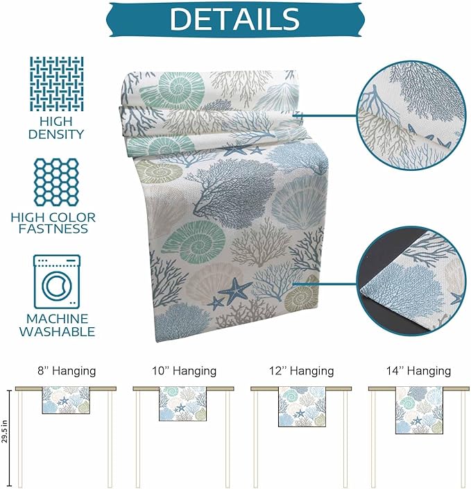 Coastal Coral Cotton Linen Table Runner for Dining Kitchen, Wedding Outdoor Party Tablerunners Decoration, Blue Nautical Starfish Ocean Shell Beach Dresser Scarf Coffee Tablecloth Runners 13''x108''