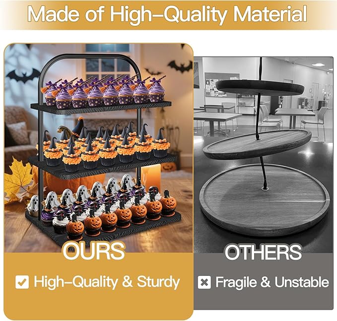 Cake Stand, 3-Tier Wood and Metal Cupcake Tower in Black, Holds 50 Cupcakes