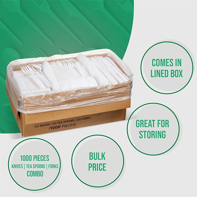 Plastic Spoons and Cutlery Variety Pack, 1,000 Count, White, Medium Weight