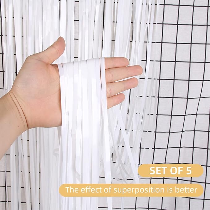 5 Pack White Fringe Foil Curtain 3.2ft x 8.2ft Tinsel Backdrop Streamers for Birthday Party Decoration Wedding Christmas