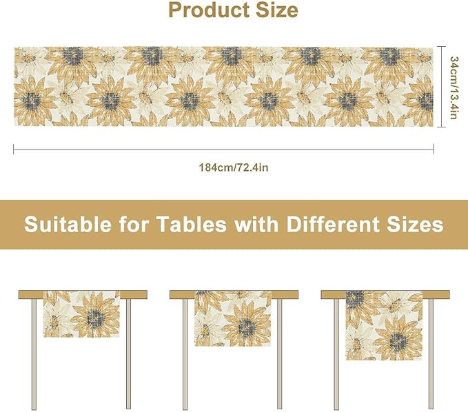 Chrysanthemum Vintage Floral Table Runner, Elegant Grunge Orange Sunflower Spring Summer Elegant Pattern Artichokes Flower Table Runner for Party Kitchen Dining Living Room Decor, 13x120 Inch