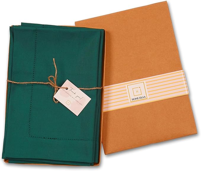 Green Cotton Linen Napkins Set of 4 – Hemstitch Cloth Napkins 20x20 Inch – Washable Fabric Dinner Napkins for Fall, Halloween, Thanksgiving, Everyday Dining & Décor – Serena