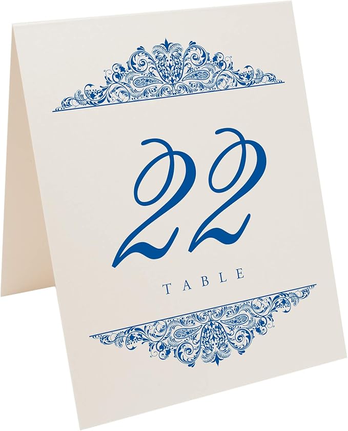 Paisley Wedding Table Numbers (Select Color/Quantity), Champagne, Royal Blue, 1-90, Double Sided, Tent or Use in a Stand, Great for Parties & Restaurants - Made in the USA