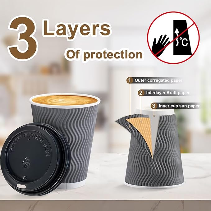 Disposable Paper Coffee Cups with Lids, 12 oz Gray, Pack of 100