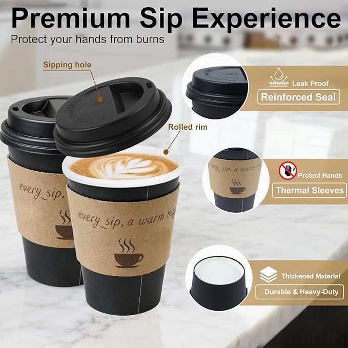 Disposable Paper Coffee Cups with Lids, 12 oz Black, 100 Count