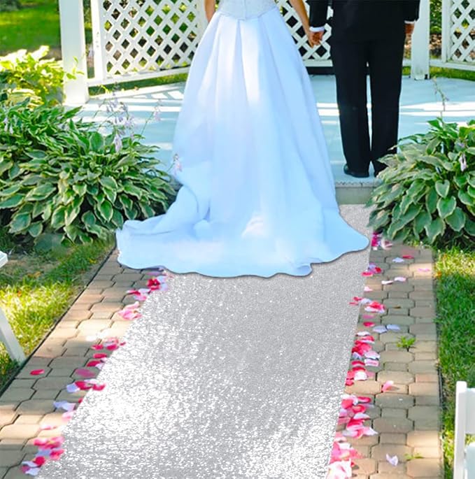 Aisle Runner in Silver Sequin, 4 x 15 Ft Rectangular for Weddings and Parties