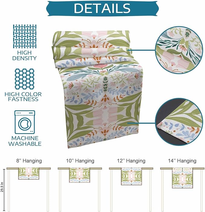 Green Blue Pink Boho Floral Cotton Linen Table Runner for Dining Kitchen, Wedding Outdoor Party Tablerunners Decoration, Retro Bohemian Botanical Dresser Scarf Coffee Tablecloth Runners 13x36 Inches