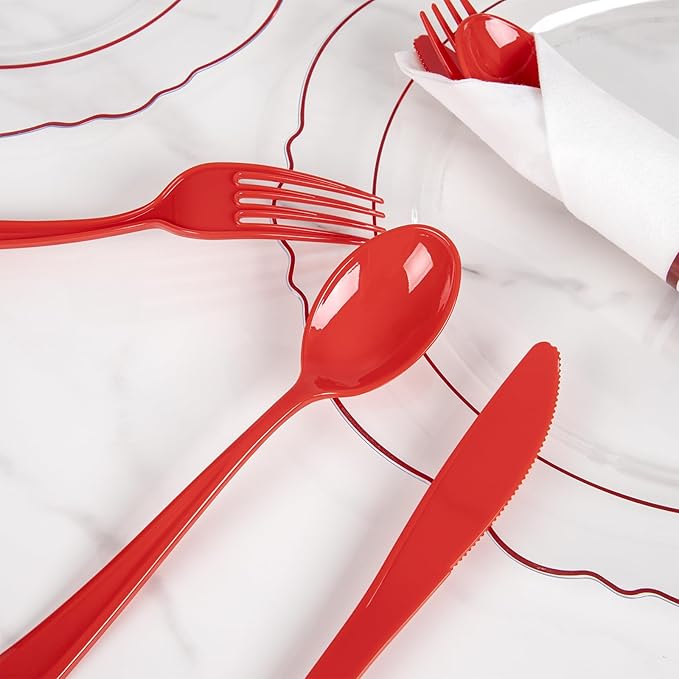 Red Plastic Disposable Spoon, Fork and Knife Set with Napkins, 400 Pieces