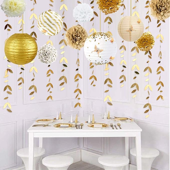 Banners Kit: 41 Pieces in Gold and White with Paper Lanterns and Pom Poms
