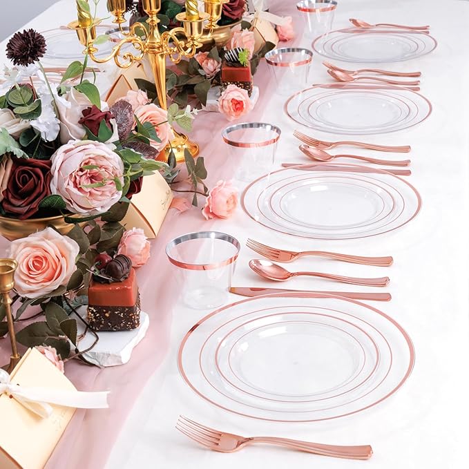 Plates Set, Clear Rose Gold Plastic, 600 Pieces for 100 Guests