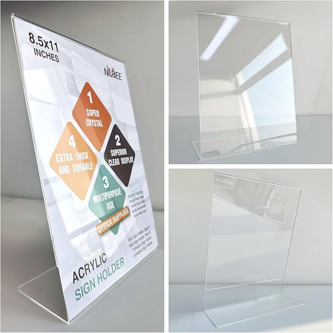 NIUBEE 24 Pack Acrylic Sign Holder 8.5 x 11 Inches Slanted Back, Clear Plastic Sign Holder Paper Display Table Stand for Office, Store, Restaurant