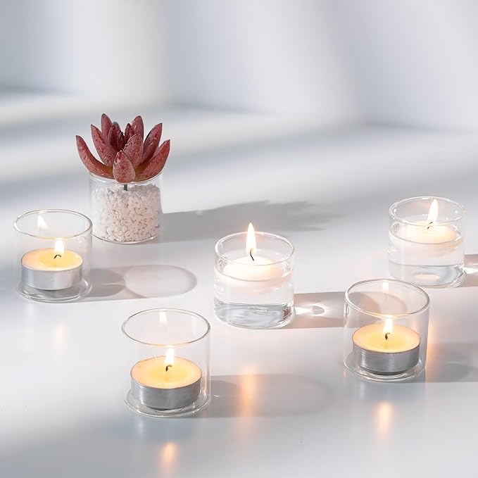 NUPTIO Glass Votive Candle Holders: Set of 12 Clear Tea Light Holders - Mini Floating Candleholders for Home Christmas Thanksgiving Party Table Centerpieces Decor (1.8 x 1.57 inch)