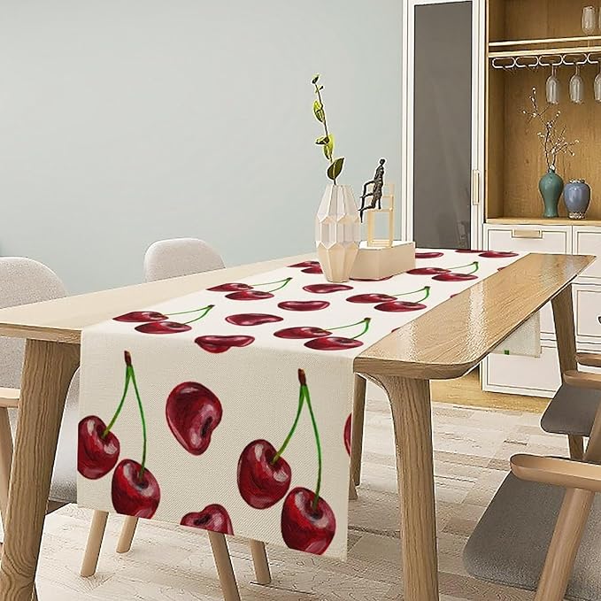 Red Cherry Table Runner Watercolor Spring Summer Wild Berry Tropical Fruit Theme Dinner Runner for Girl Baby Shower Party Holiday Home Kitchen Dining Table Decor 13x36