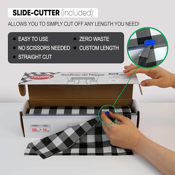 Tablecover Roll, Black Checkered Plastic, 54 x 1296 Inch with Slide Cutter