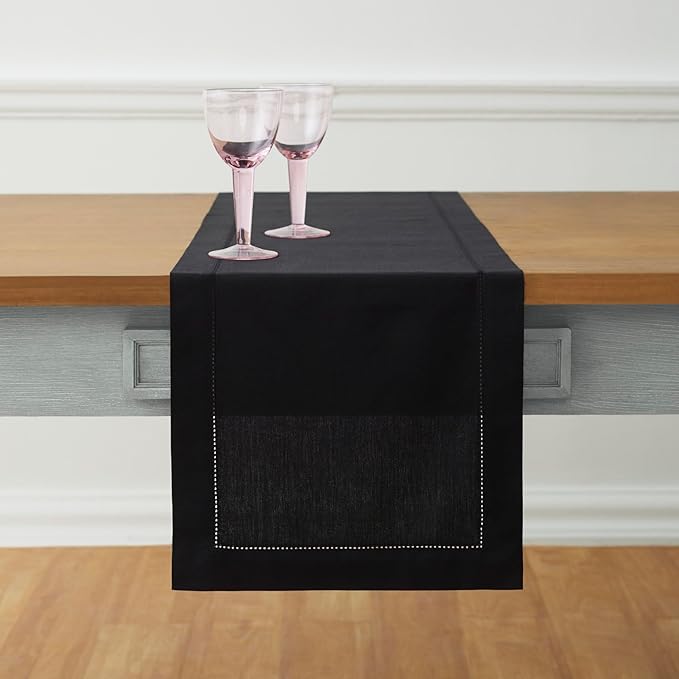 Solino Home Black Table Runner 108 Inches Long - Cotton Linen Hemstitch 14 x 108 Inch Table Runner for Dining, Fall, Autumn, Halloween, Thanksgiving, Holiday