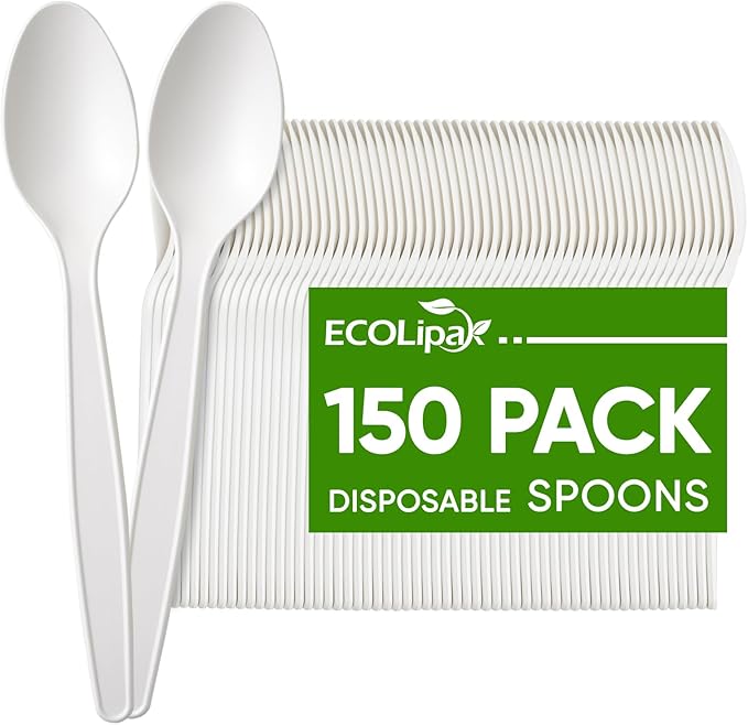 Disposable Spoons, 150 Count White Plant-Based, 6.7 Inch