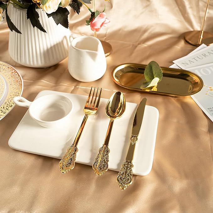 Disposable Gold Plastic Forks, 100 Count, 7.48 Inch Retro Party Forks