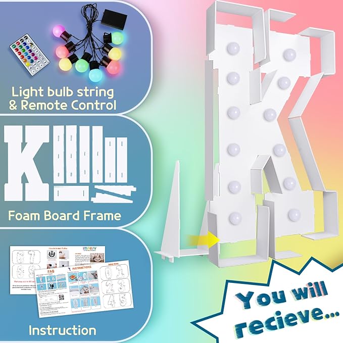 Marquee Light Up Letter K Decoration, 4 FT Foam Board, 16 Colors